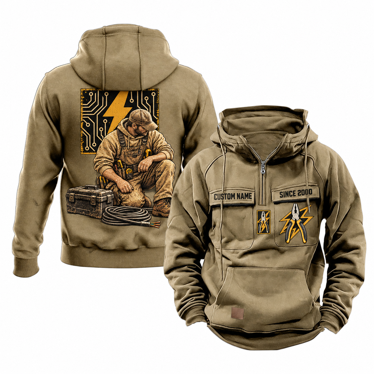 Electrician Ready Every Day Portrait Vintage Hoodie in Kaki, front and back views with sample text CUSTOM NAME and SINCE 2000, pliers and lightning chest emblems, and kneeling electrician back artwork.