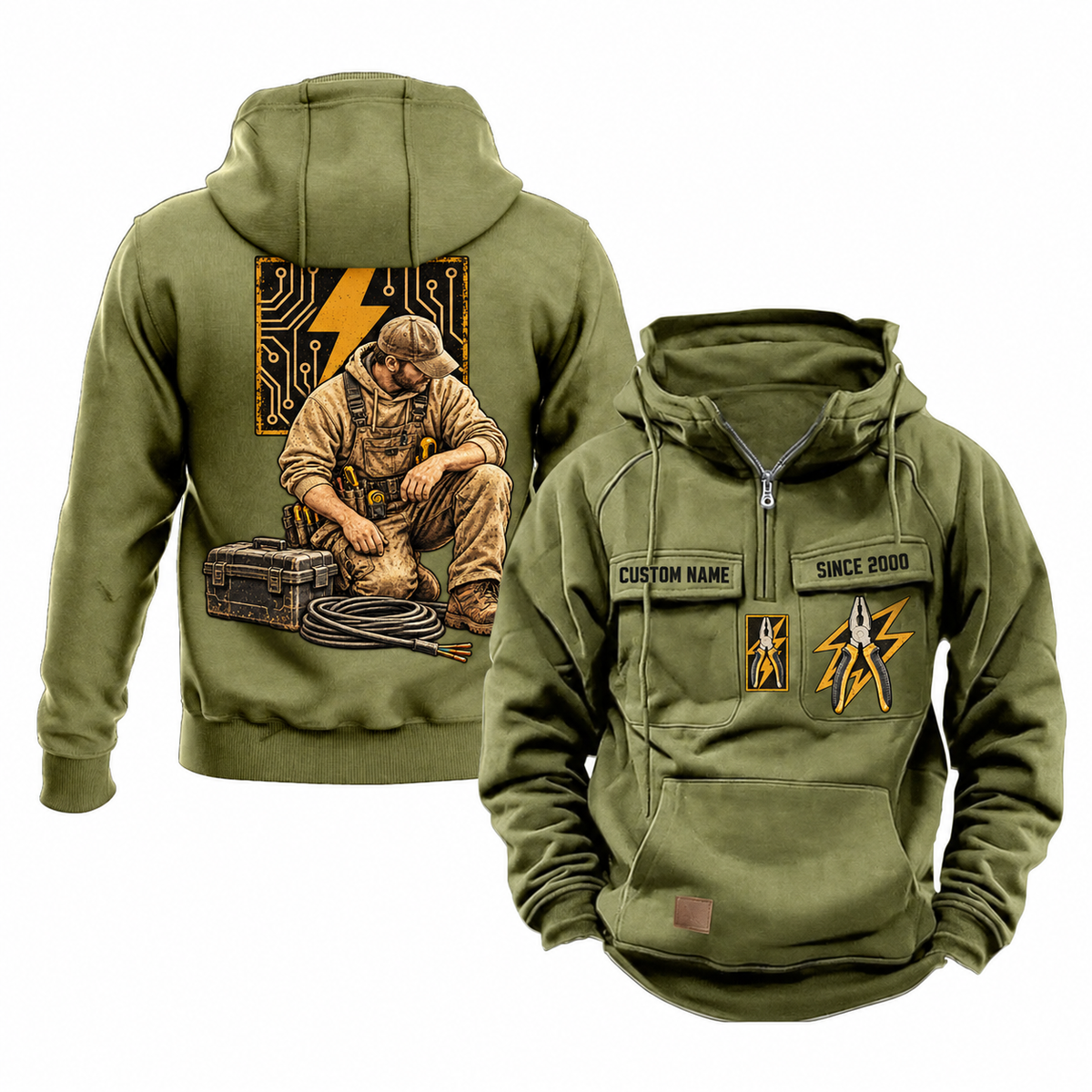 Electrician Ready Every Day Portrait Vintage Hoodie in Military Green, front and back views with sample text CUSTOM NAME and SINCE 2000, pliers and lightning chest emblems, and kneeling electrician back artwork.