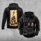 Electrician Workday Portrait Vintage Hoodie in Black, front and back views with sample text CUSTOM NAME and SINCE 2000, pliers and lightning-bolt chest emblems, and a kneeling electrician beside a closed tool case and disconnected cable in a tall circuit panel.