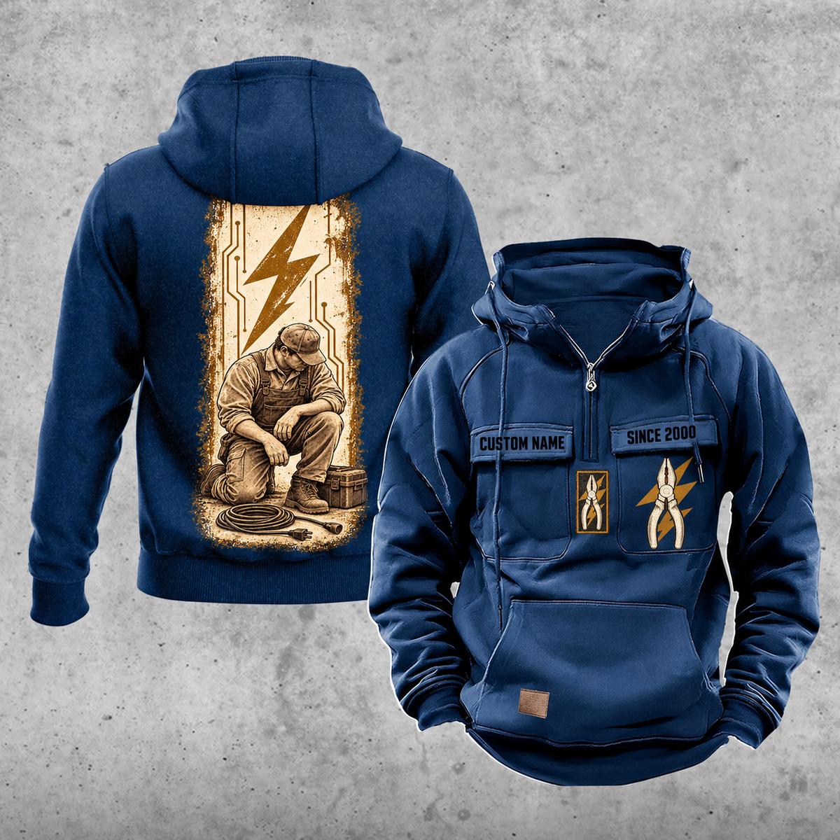 Electrician Workday Portrait Vintage Hoodie in Dark Blue, front and back views with sample text CUSTOM NAME and SINCE 2000, pliers and lightning-bolt chest emblems, and a kneeling electrician beside a closed tool case and disconnected cable in a tall circuit panel.