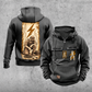 Electrician Workday Portrait Vintage Hoodie in Dark Gray, front and back views with sample text CUSTOM NAME and SINCE 2000, pliers and lightning-bolt chest emblems, and a kneeling electrician beside a closed tool case and disconnected cable in a tall circuit panel.