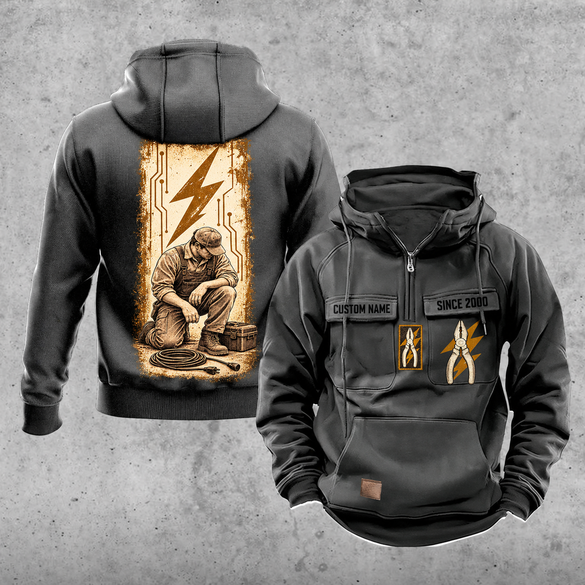Electrician Workday Portrait Vintage Hoodie in Dark Gray, front and back views with sample text CUSTOM NAME and SINCE 2000, pliers and lightning-bolt chest emblems, and a kneeling electrician beside a closed tool case and disconnected cable in a tall circuit panel.