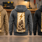 Five complete back views of the Electrician Workday Portrait Vintage Hoodie in Military Green, Kaki, Dark Gray, Black and Dark Blue, with matching tall circuit-panel kneeling-worker artwork in an organized electrical workshop.