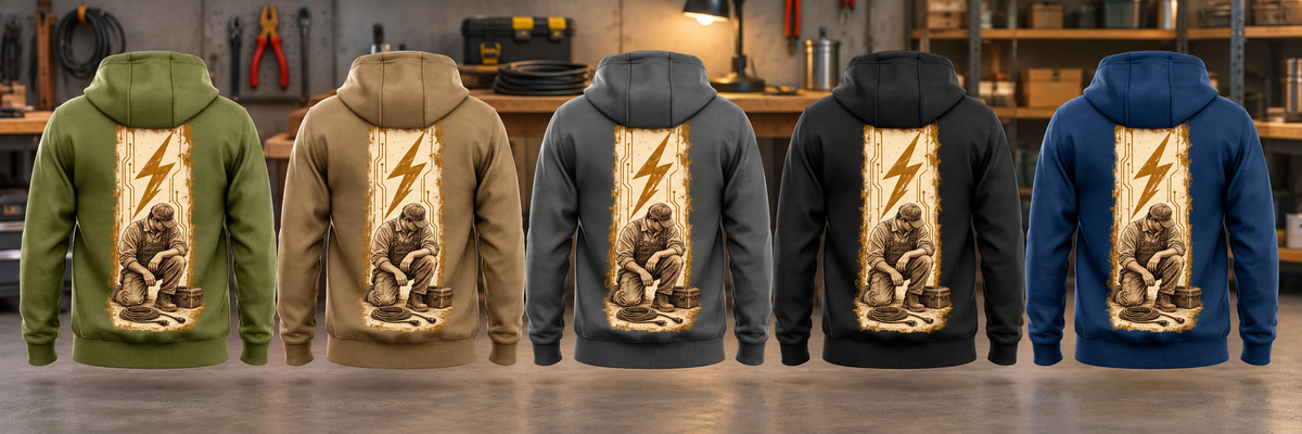 Five complete back views of the Electrician Workday Portrait Vintage Hoodie in Military Green, Kaki, Dark Gray, Black and Dark Blue, with matching tall circuit-panel kneeling-worker artwork in an organized electrical workshop.