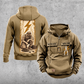 Electrician Workday Portrait Vintage Hoodie in Kaki, front and back views with sample text CUSTOM NAME and SINCE 2000, pliers and lightning-bolt chest emblems, and a kneeling electrician beside a closed tool case and disconnected cable in a tall circuit panel.