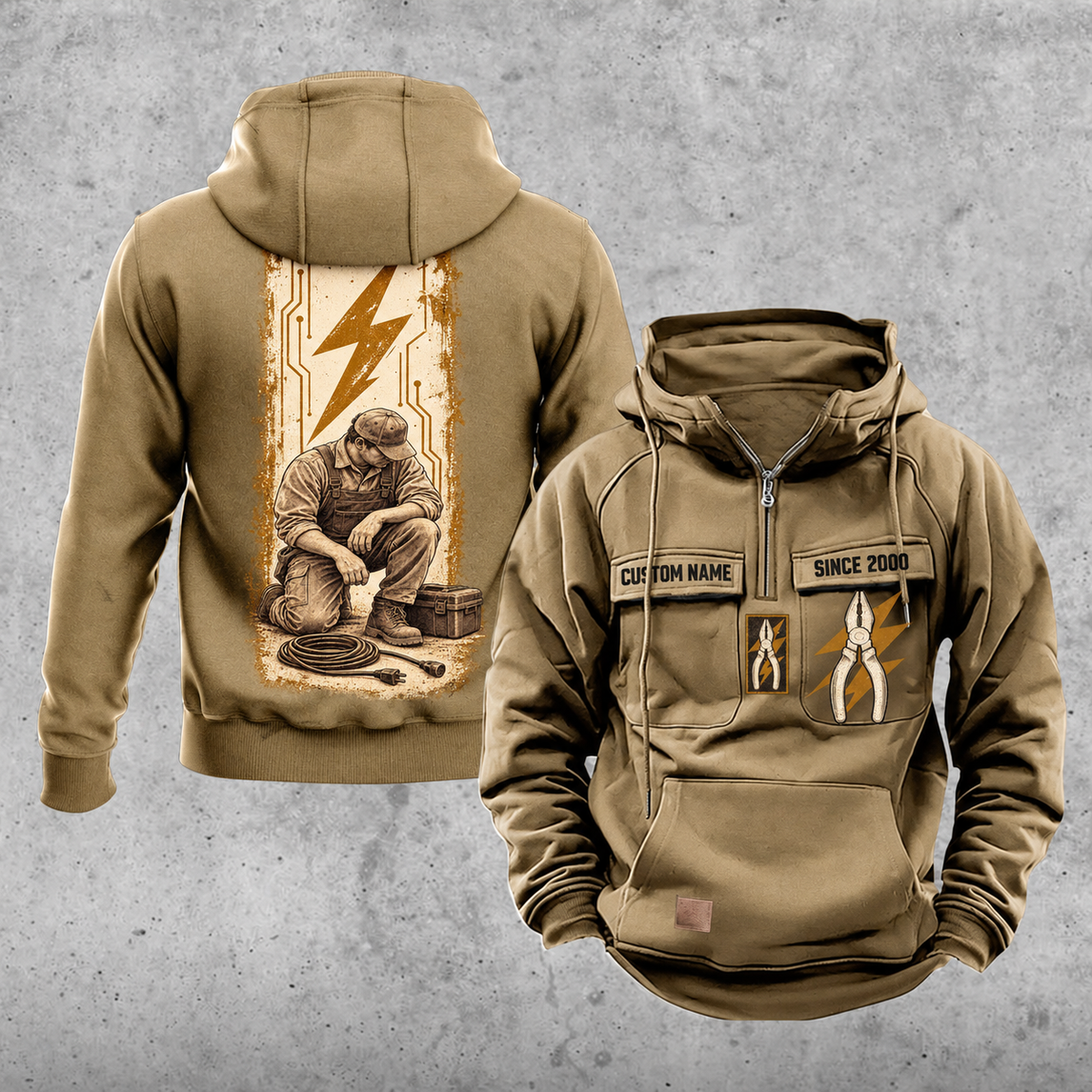 Electrician Workday Portrait Vintage Hoodie in Kaki, front and back views with sample text CUSTOM NAME and SINCE 2000, pliers and lightning-bolt chest emblems, and a kneeling electrician beside a closed tool case and disconnected cable in a tall circuit panel.