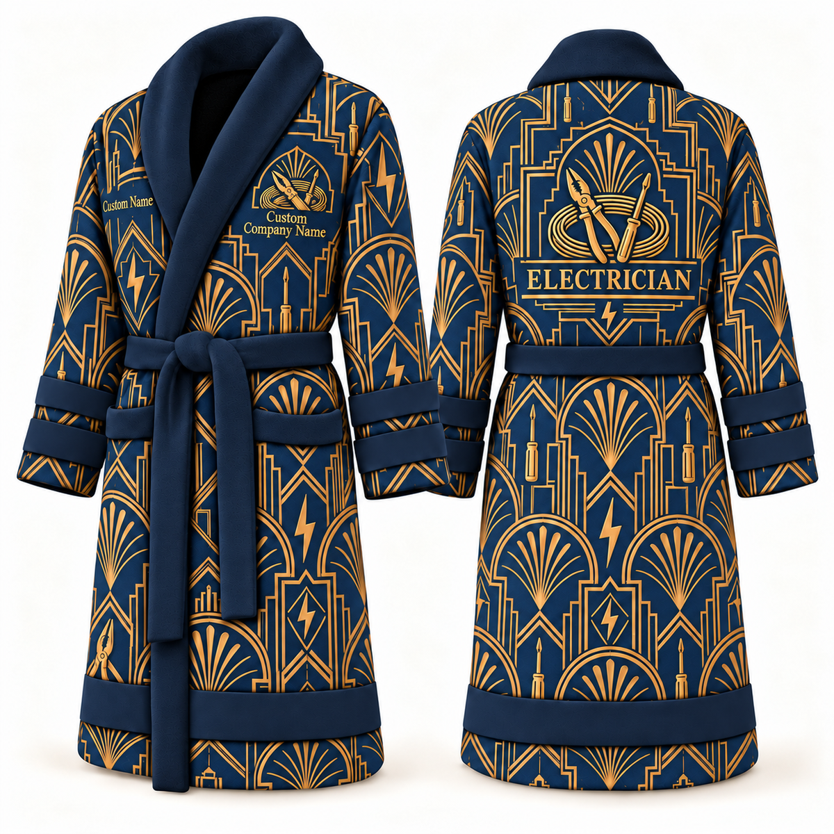 Personalized Electrician Bathrobe - Art Deco Craft blue front and back view