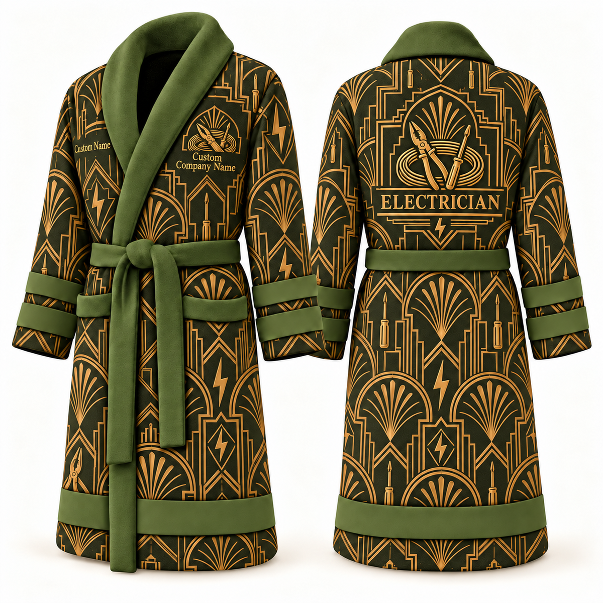 Personalized Electrician Bathrobe - Art Deco Craft olive front and back view