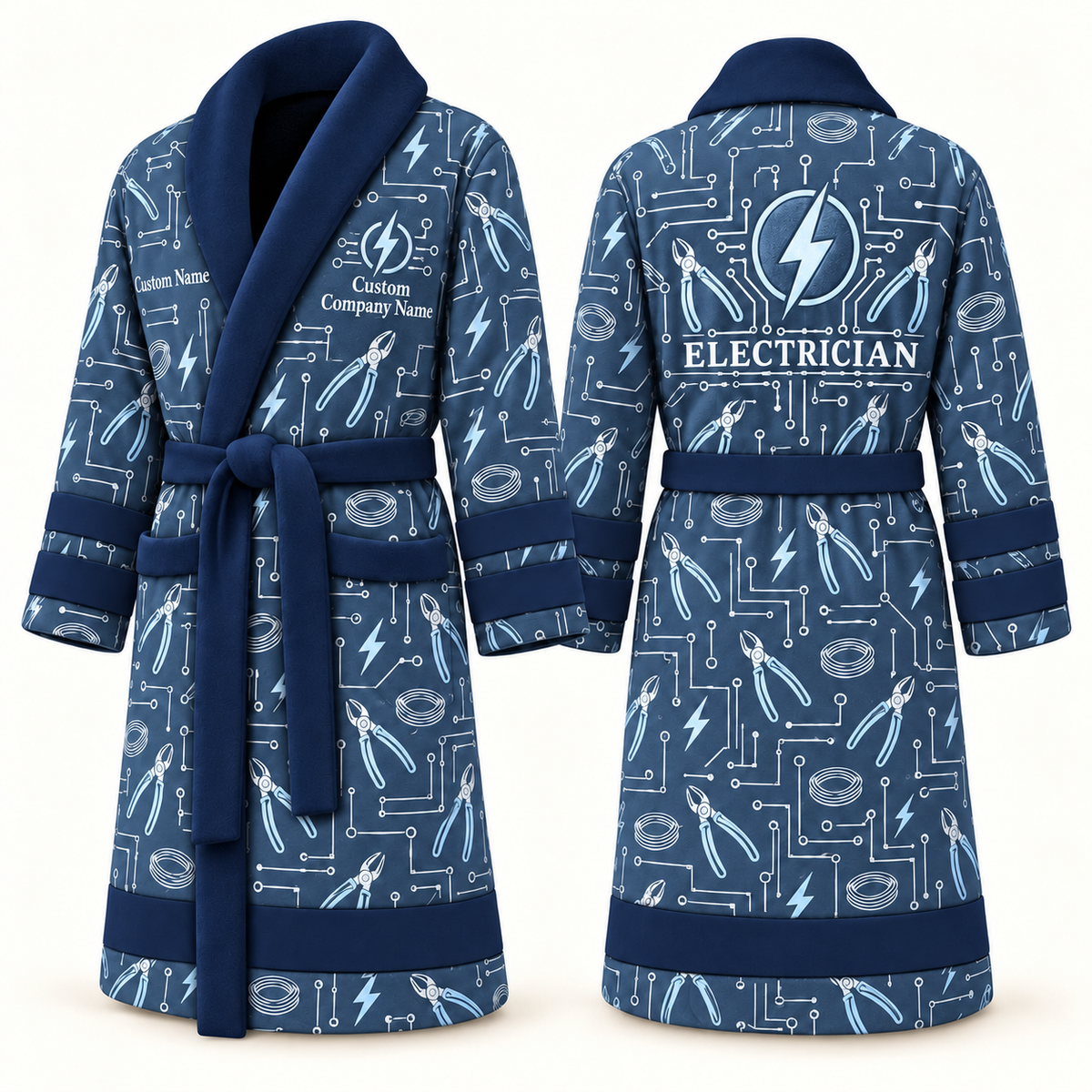 Personalized Electrician Bathrobe blue front and back