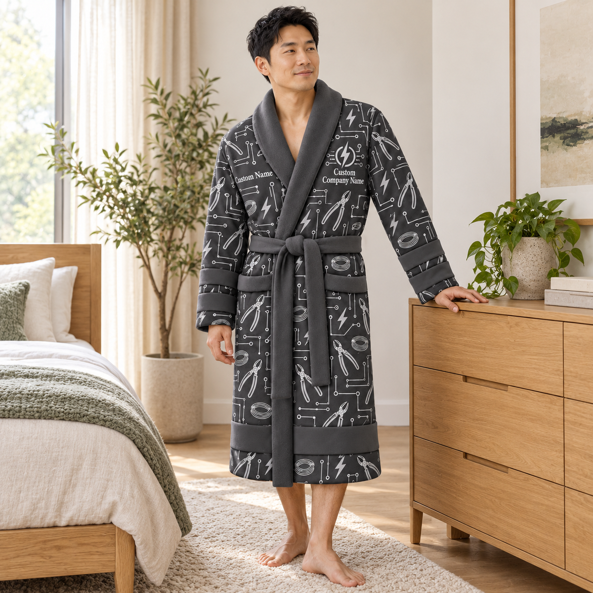 Personalized Electrician Bathrobe Slate worn at home