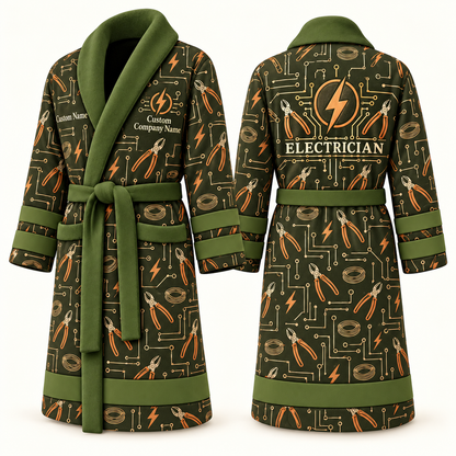 Personalized Electrician Bathrobe olive front and back