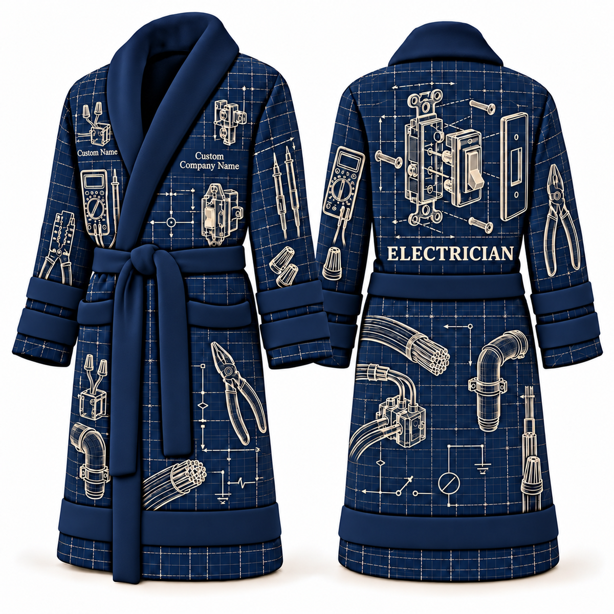Personalized Electrician Bathrobe - Blueprint Workshop blue front and back view
