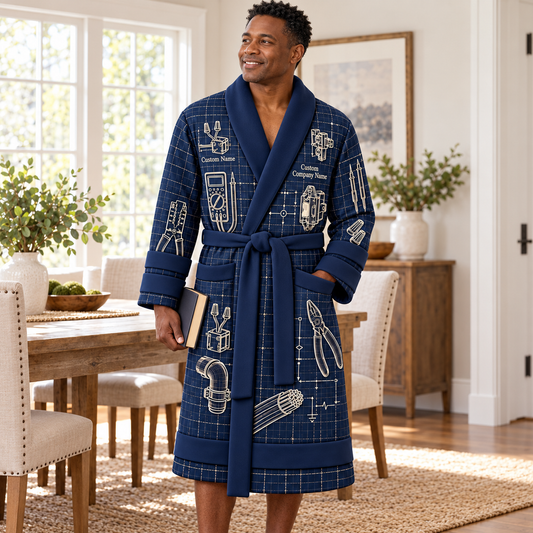 Personalized Electrician Bathrobe - Blueprint Workshop lifestyle view