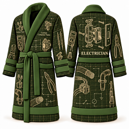 Personalized Electrician Bathrobe - Blueprint Workshop olive front and back view