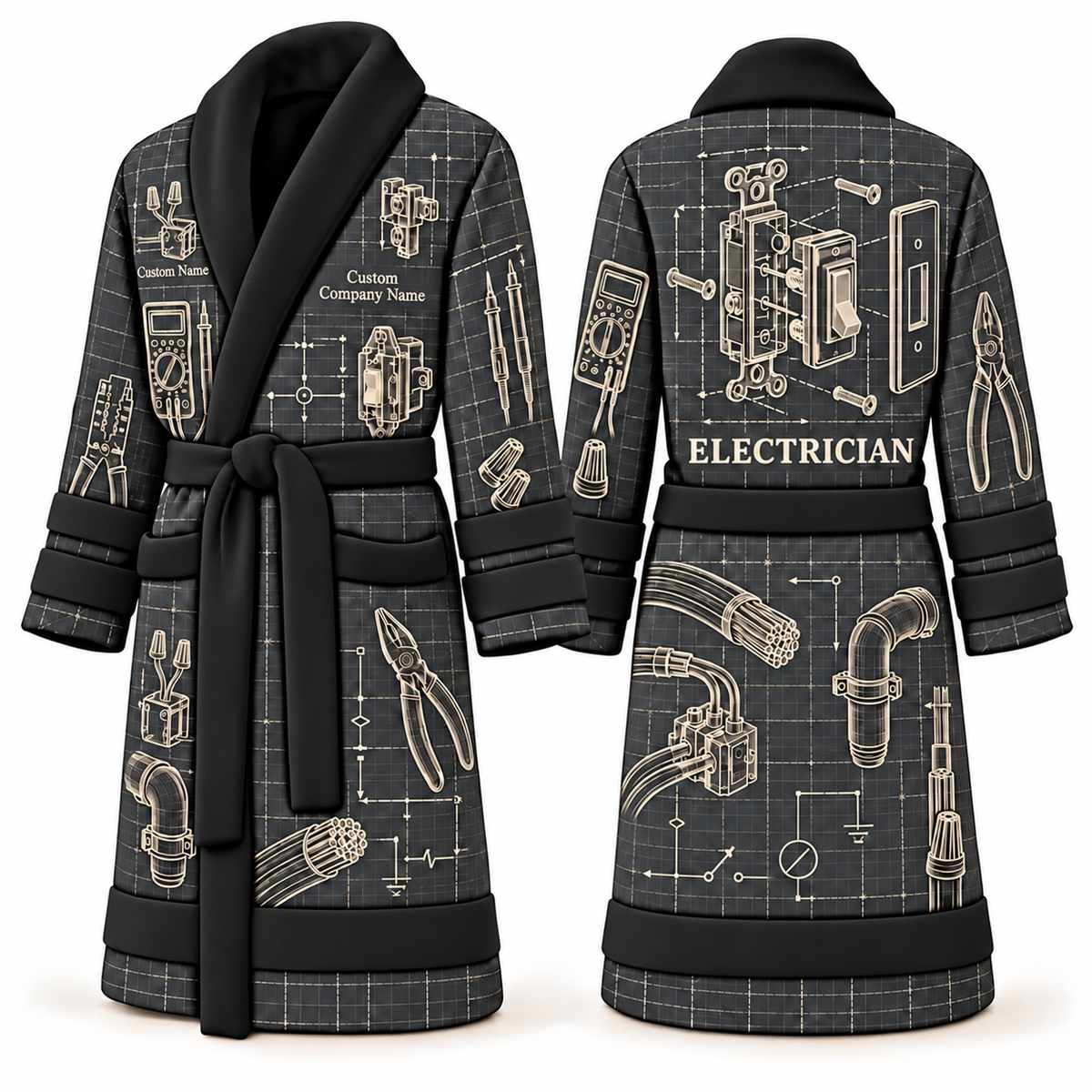 Personalized Electrician Bathrobe - Blueprint Workshop slate front and back view