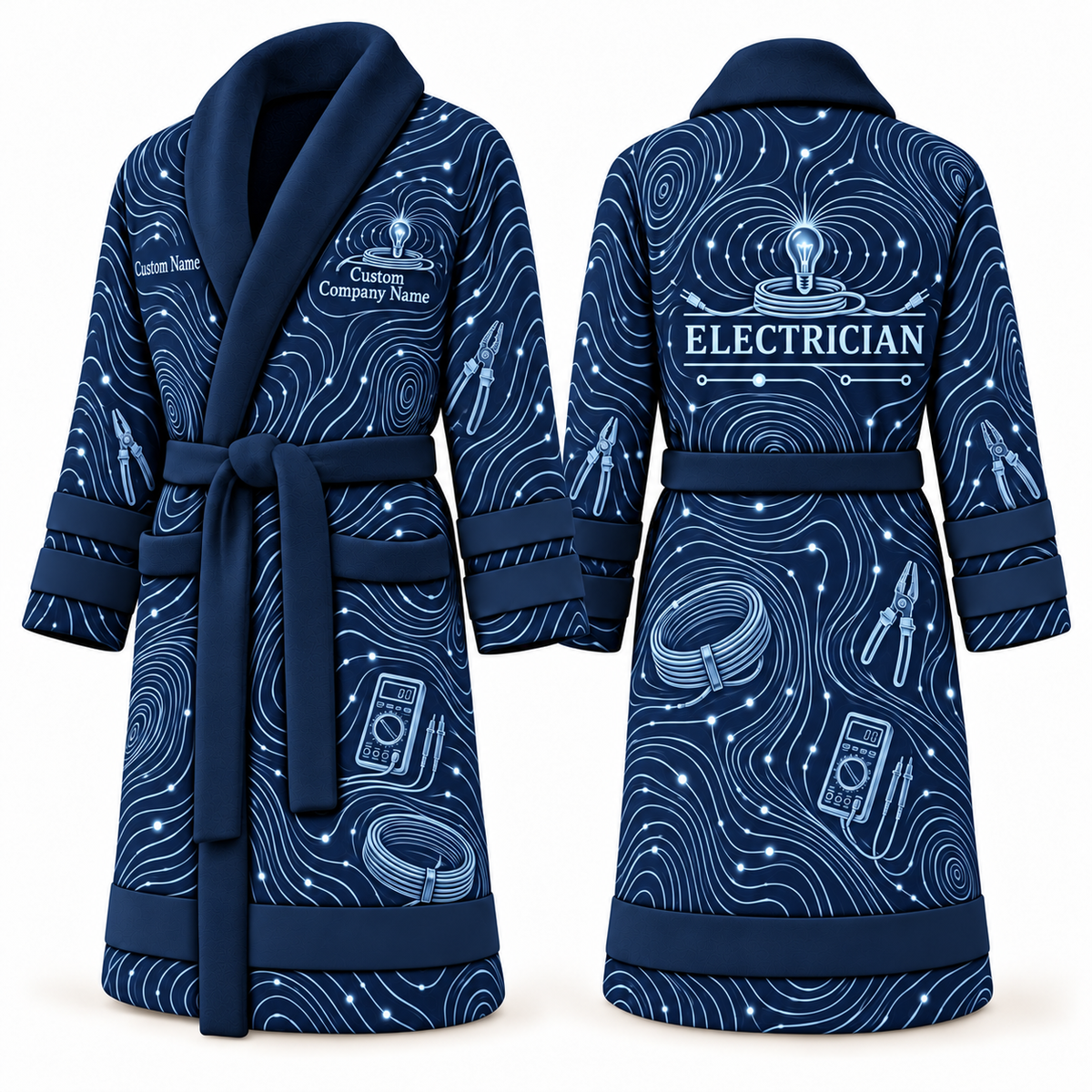 Personalized Electrician Bathrobe - Contour Lines blue front and back view