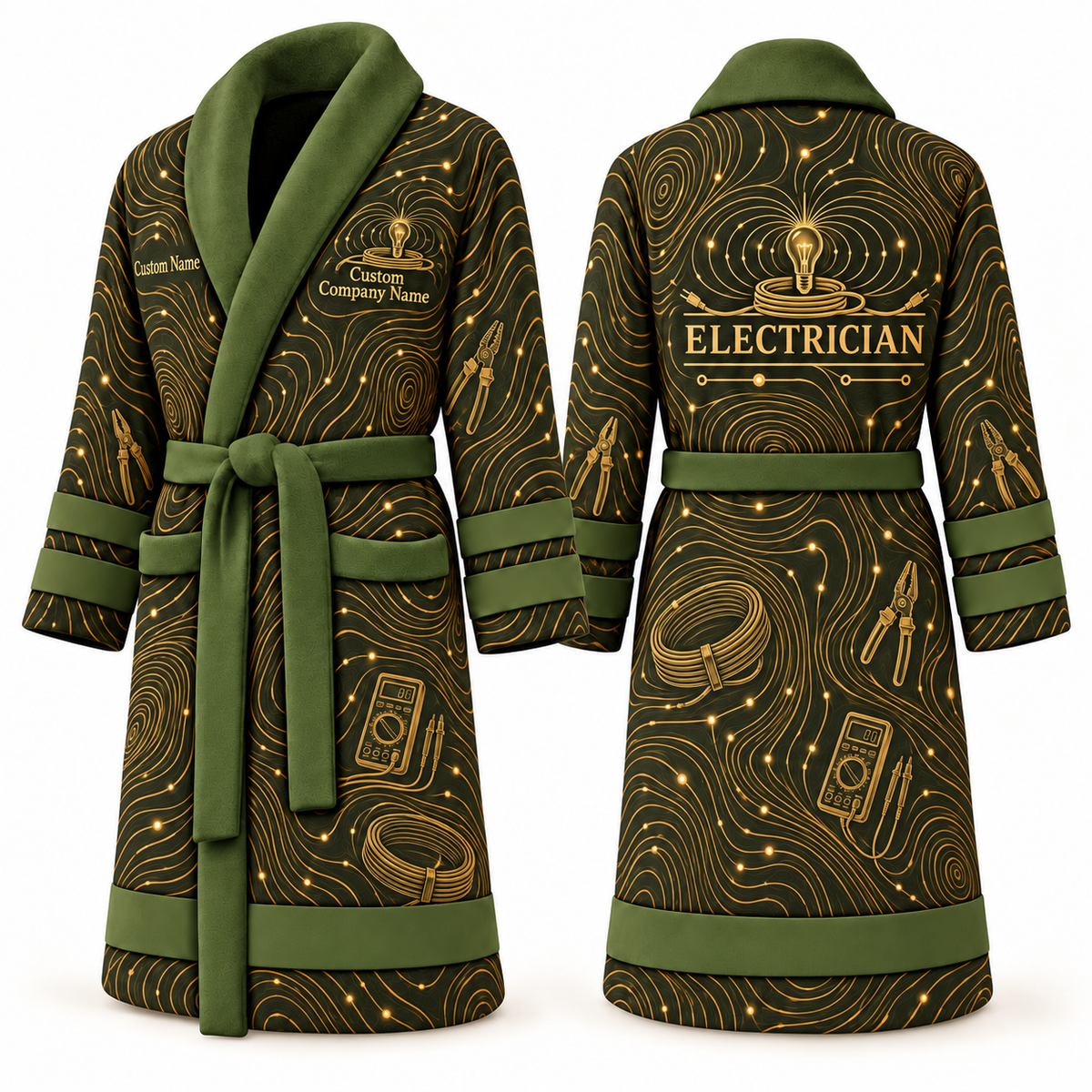 Personalized Electrician Bathrobe - Contour Lines olive front and back view