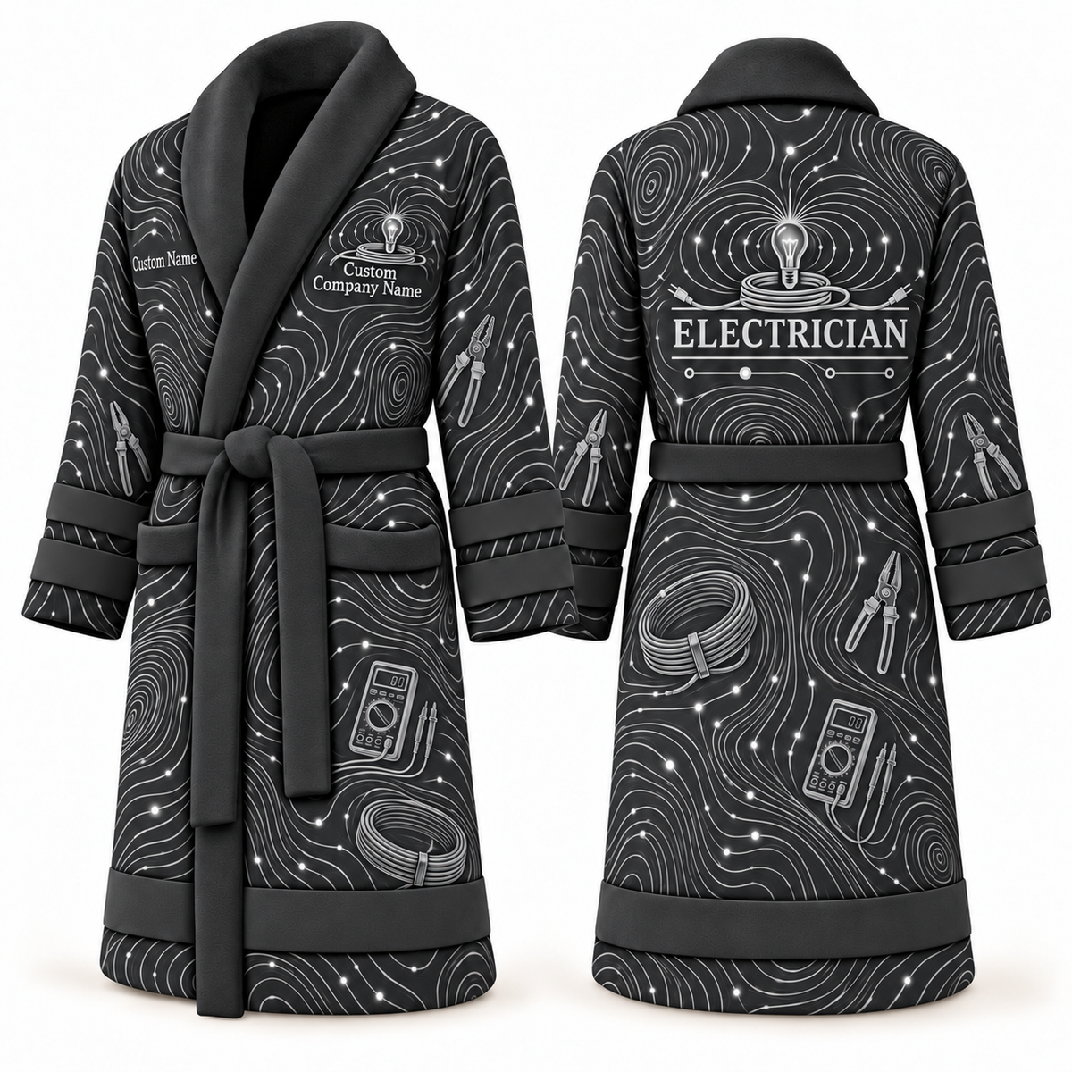 Personalized Electrician Bathrobe - Contour Lines slate front and back view