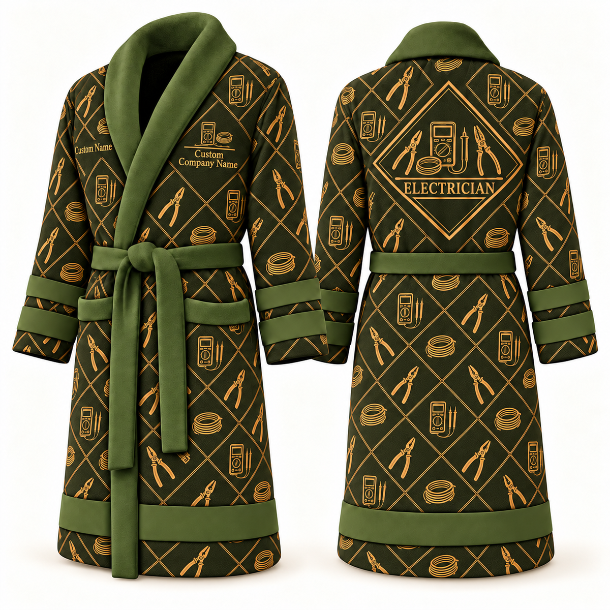 Personalized Electrician Bathrobe - Diamond Emblems olive front and back view