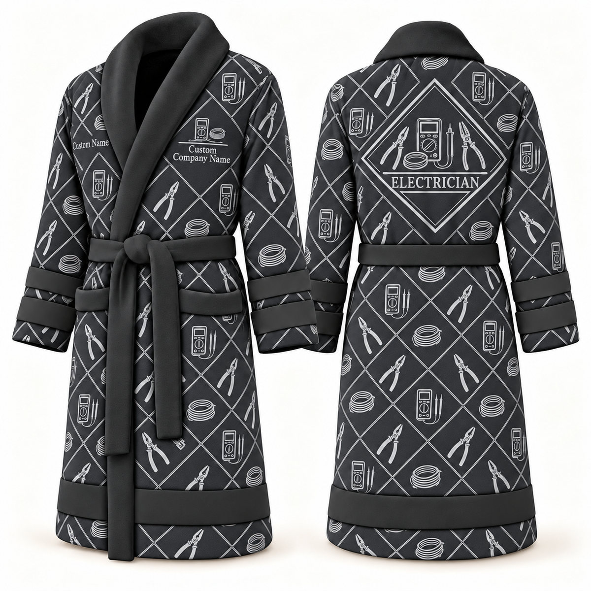 Personalized Electrician Bathrobe - Diamond Emblems slate front and back view