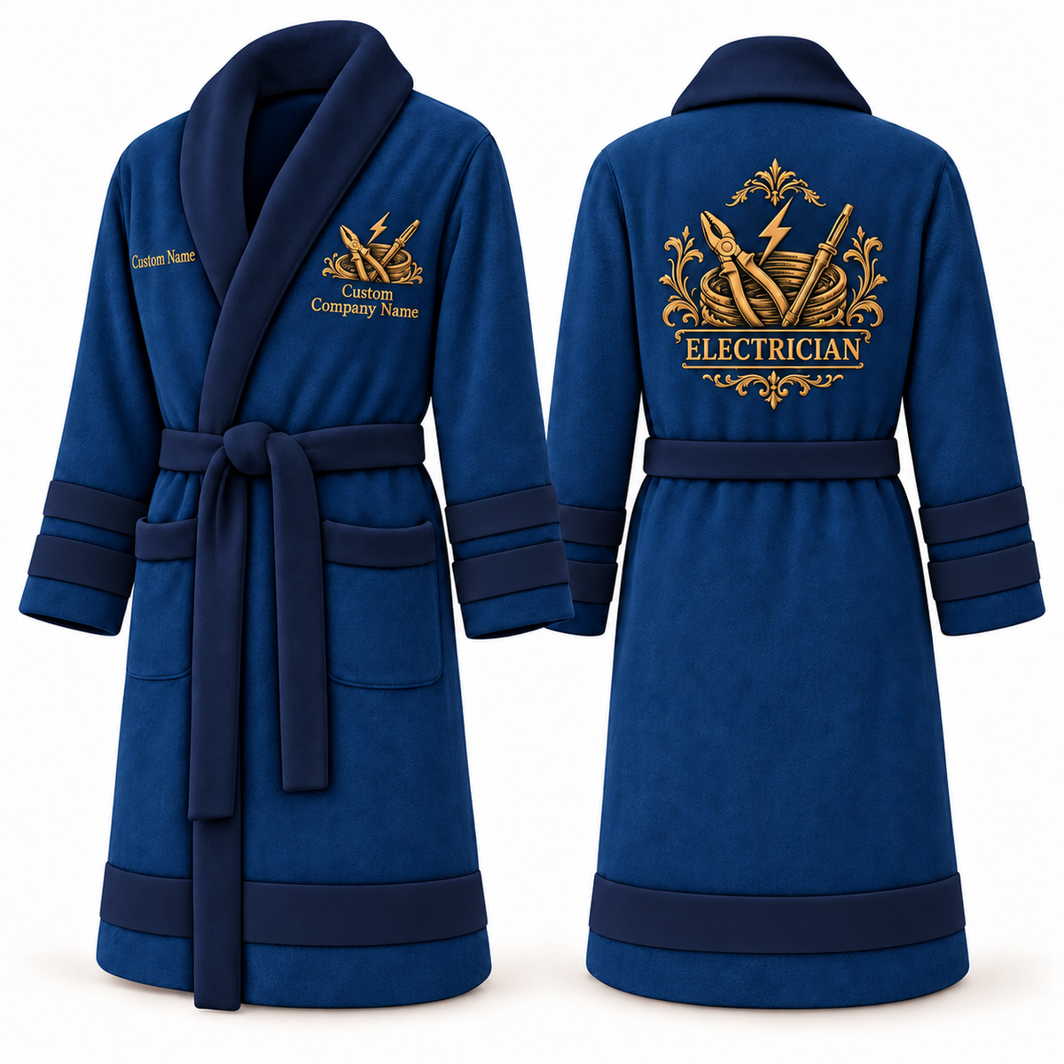 Personalized Electrician Bathrobe - Heritage Crest blue front and back view