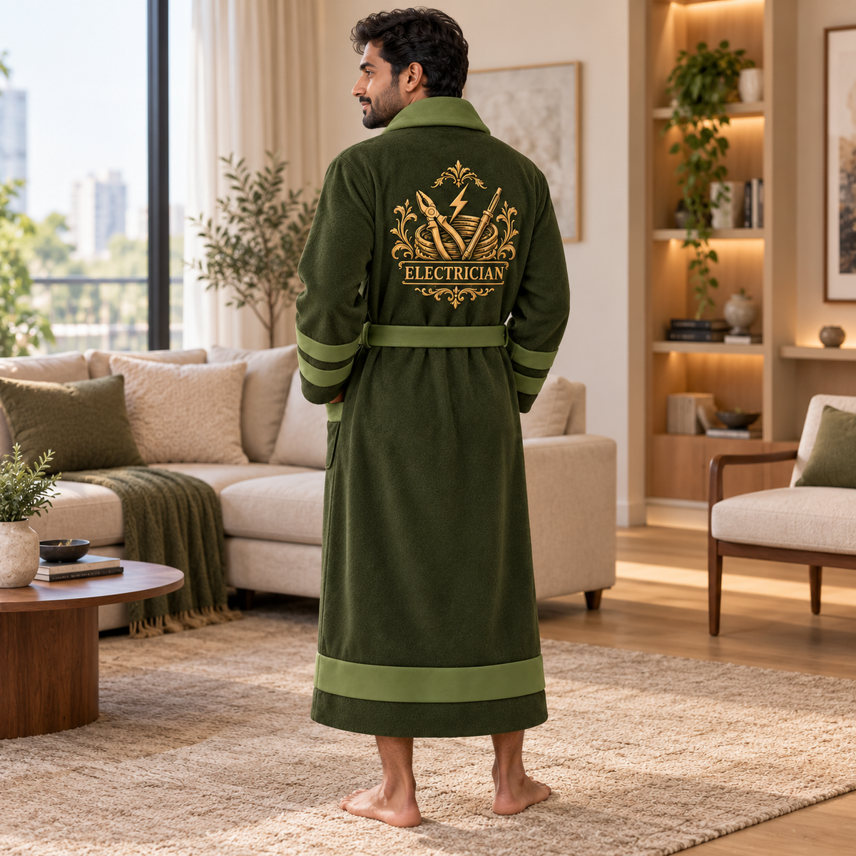 Personalized Electrician Bathrobe - Heritage Crest lifestyle view