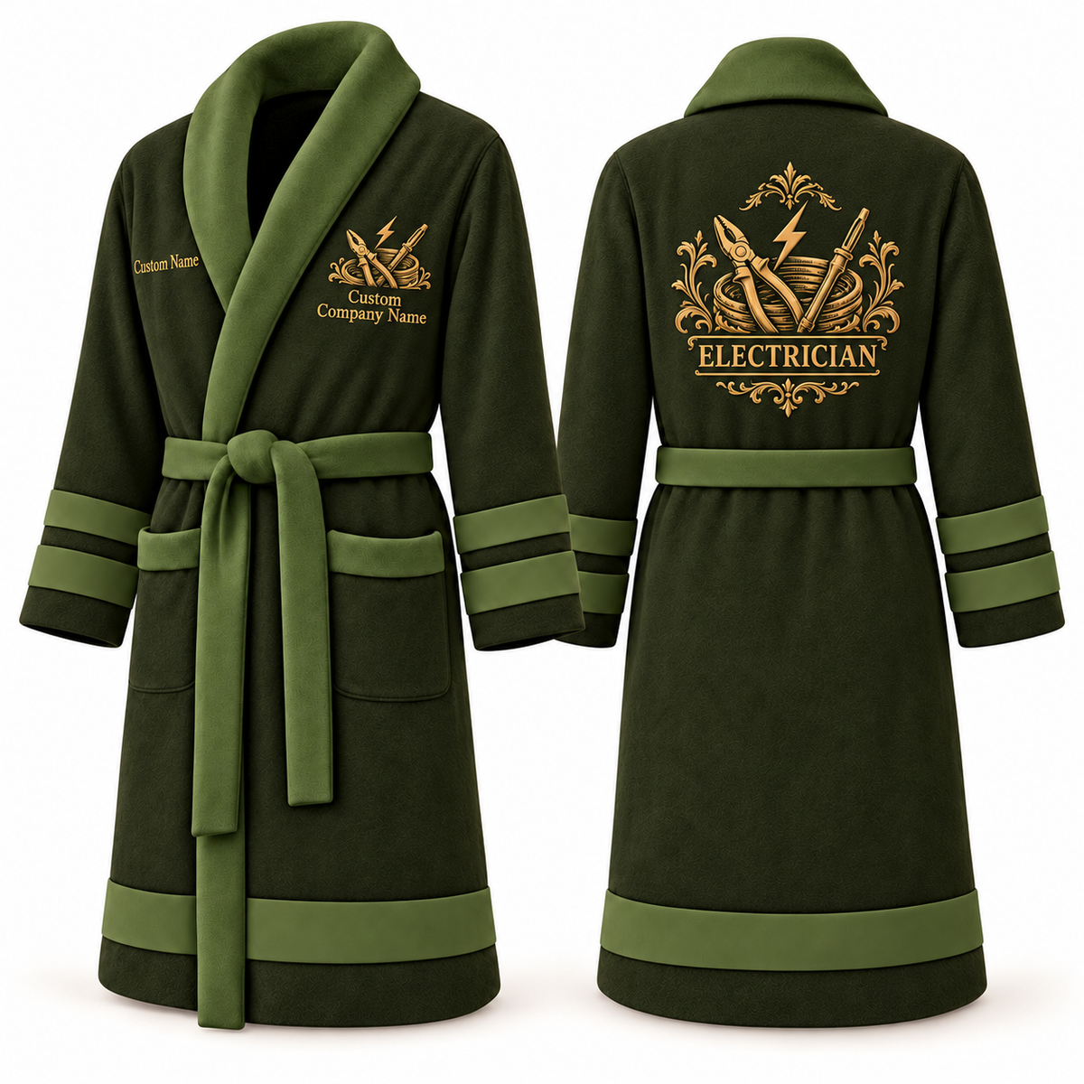 Personalized Electrician Bathrobe - Heritage Crest olive front and back view