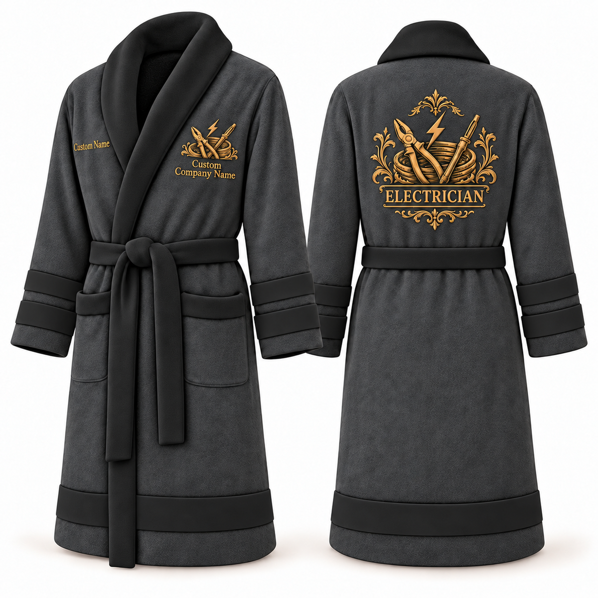 Personalized Electrician Bathrobe - Heritage Crest slate front and back view