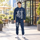 electrician occupation-themed sweater and jogger combo on a model with name and company artwork