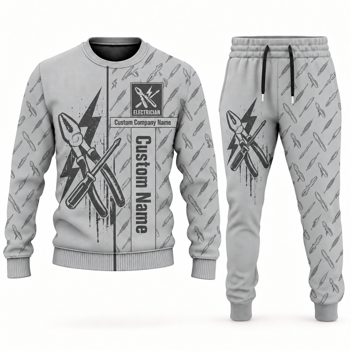 electrician occupation-themed sweater and jogger combo lightgray color with name and company artwork