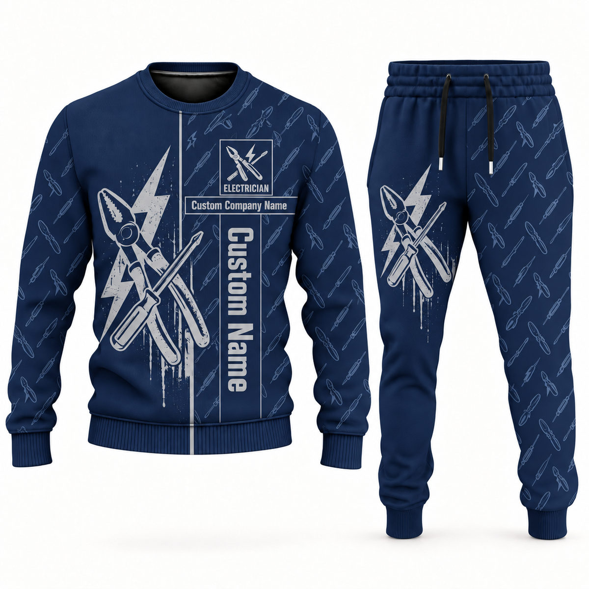 electrician occupation-themed sweater and jogger combo navy color with name and company artwork