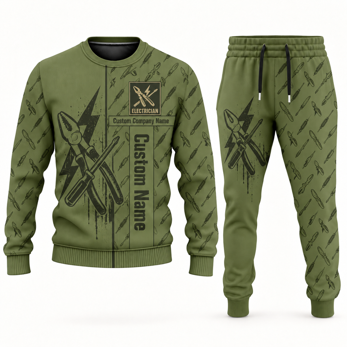 electrician occupation-themed sweater and jogger combo olive color with name and company artwork
