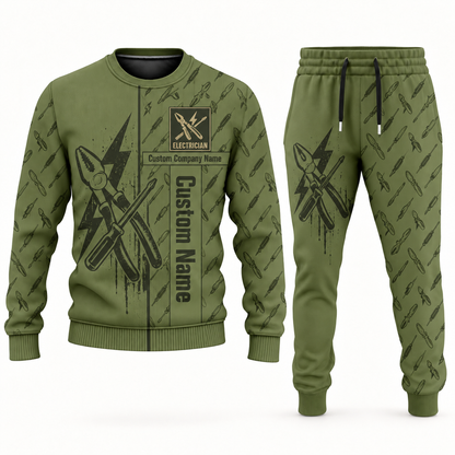 electrician occupation-themed sweater and jogger combo olive color with name and company artwork