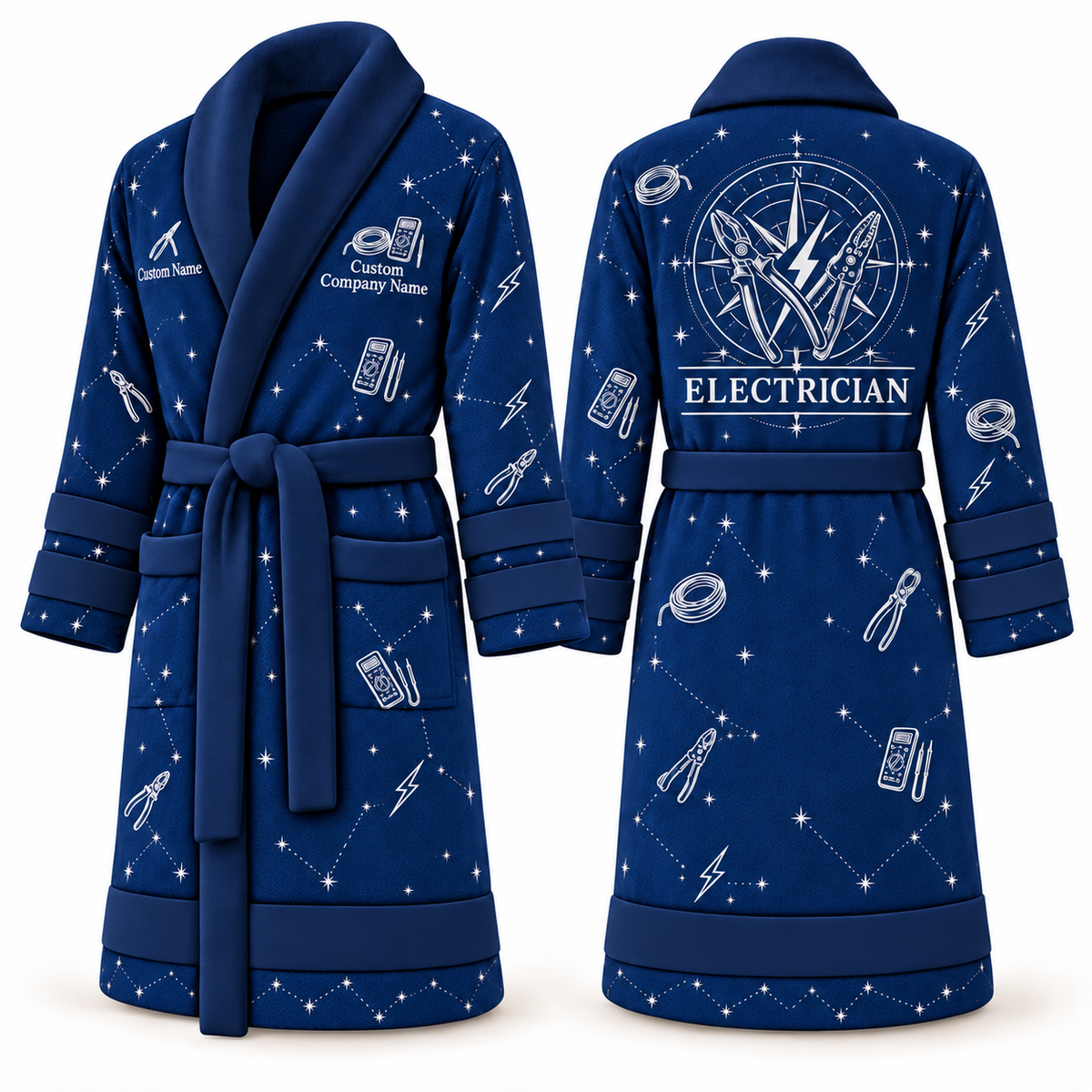 Personalized Electrician Bathrobe - Night Shift blue front and back view