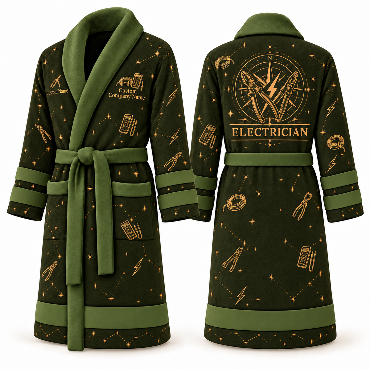 Personalized Electrician Bathrobe - Night Shift olive front and back view