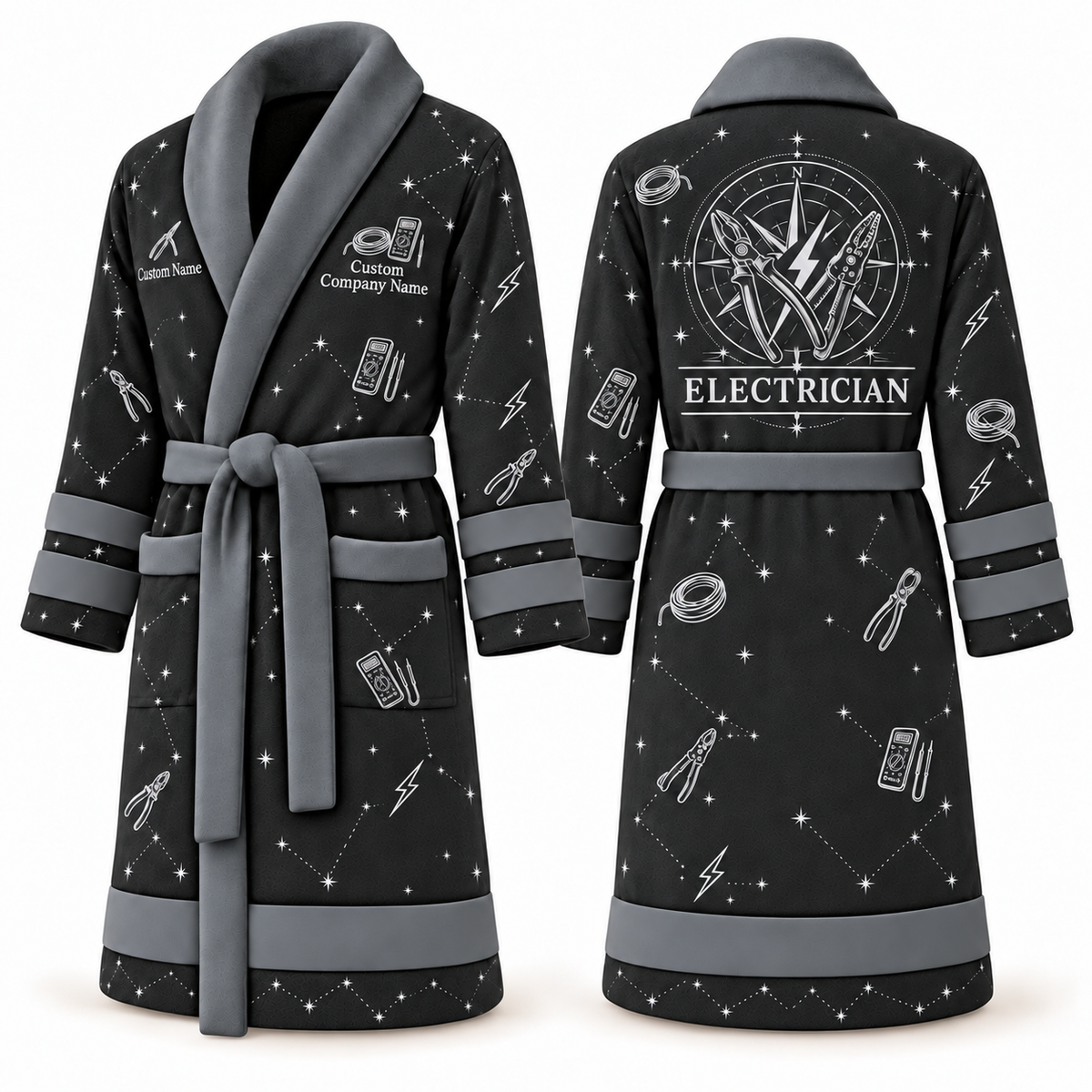 Personalized Electrician Bathrobe - Night Shift slate front and back view