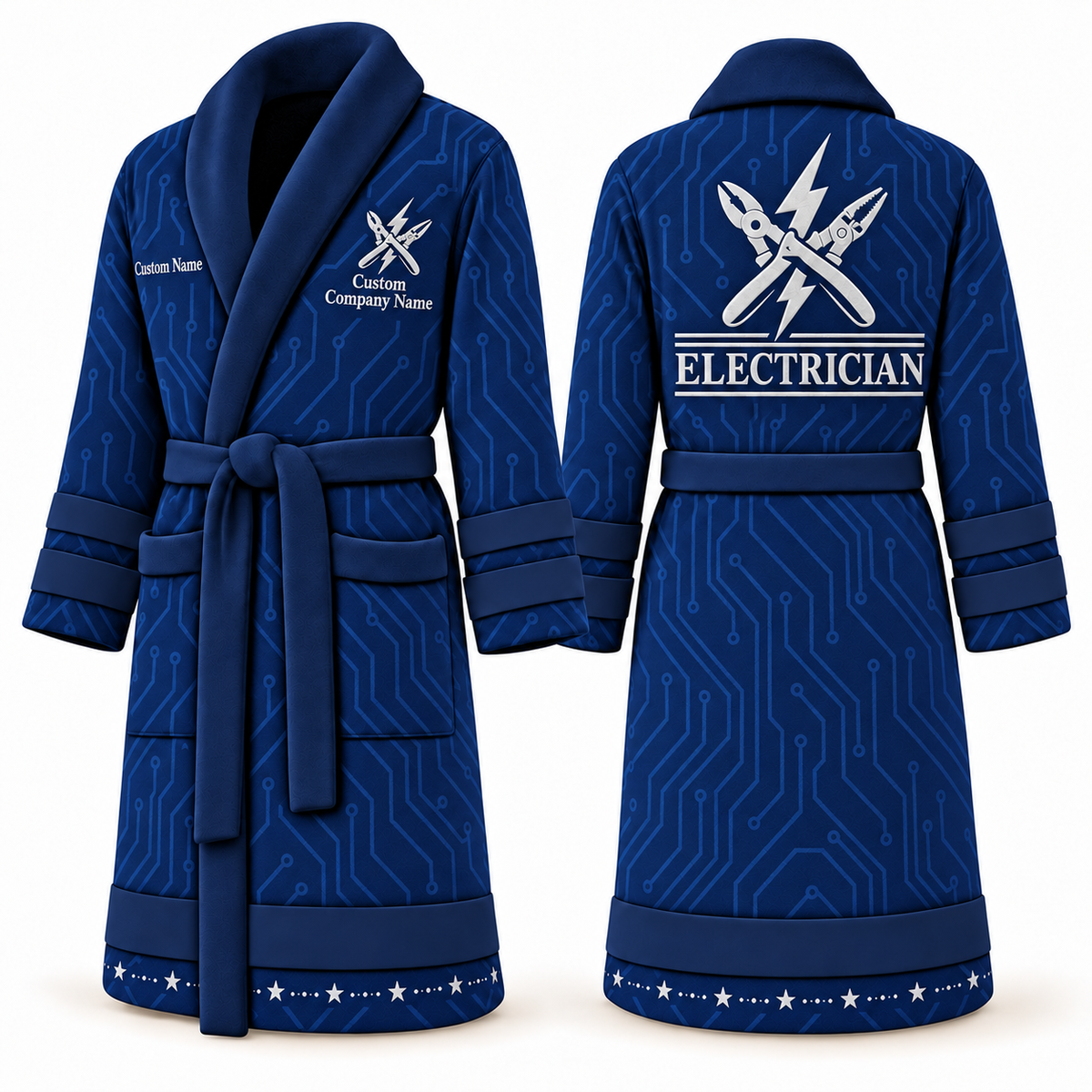 Personalized Electrician Bathrobe - Signature Silhouette blue front and back view
