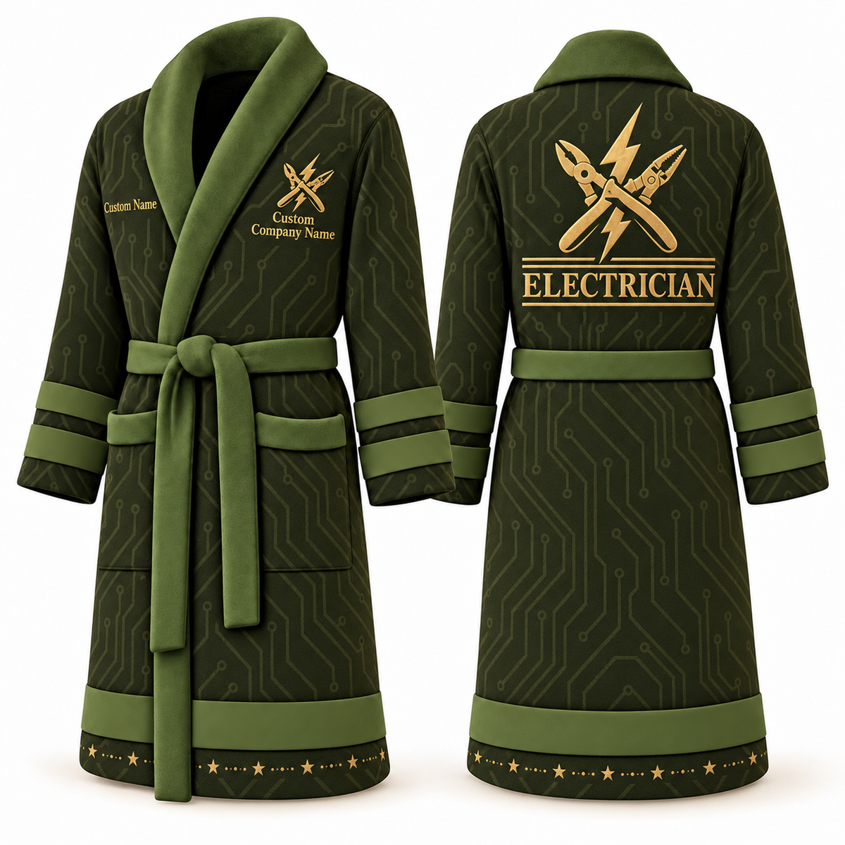 Personalized Electrician Bathrobe - Signature Silhouette olive front and back view