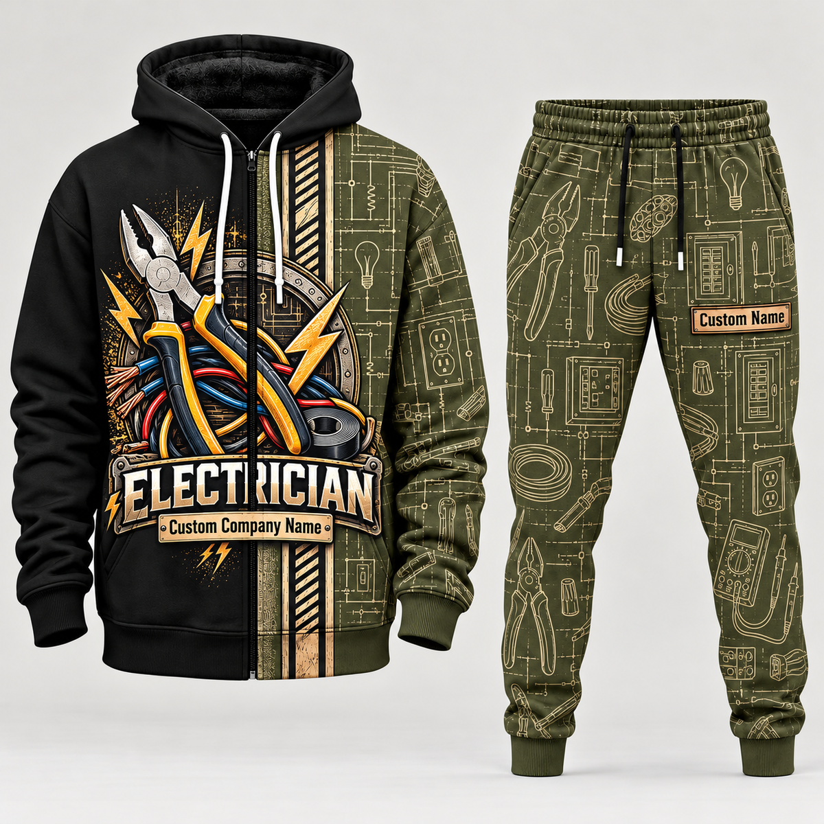 electrician full-zip hoodie and matching joggers - olive catalog view