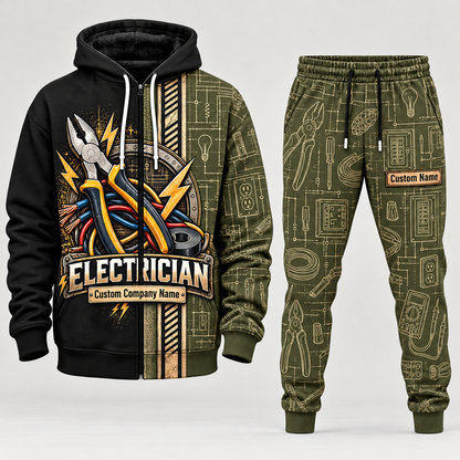 electrician full-zip hoodie and matching joggers - olive catalog view
