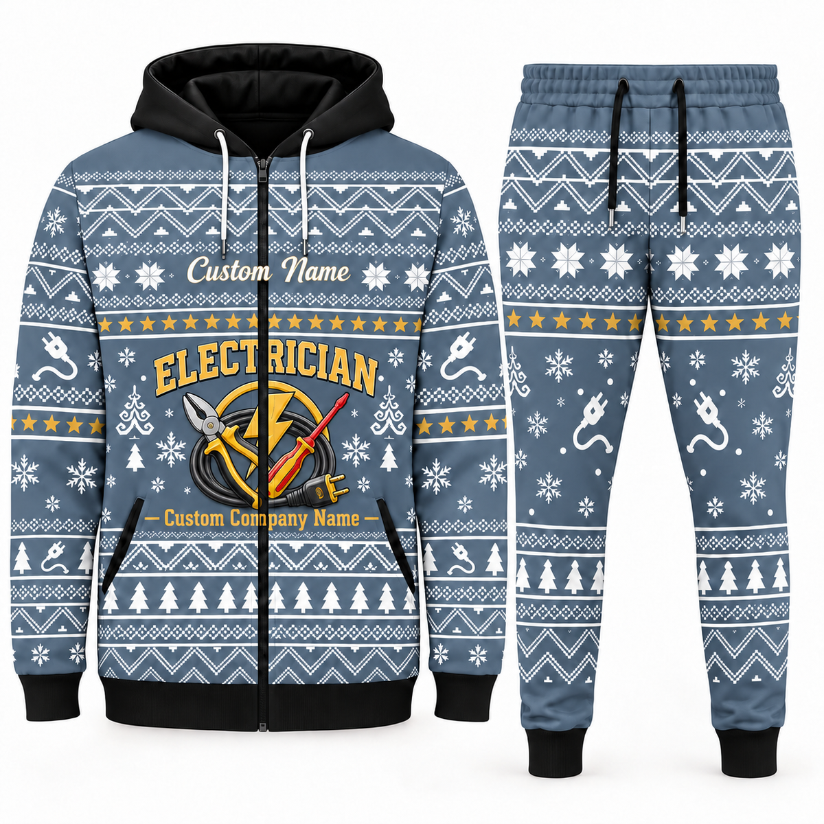 electrician blue-gray Winter Snowflake full-zip hoodie and jogger combo with Custom Name and Custom Company Name