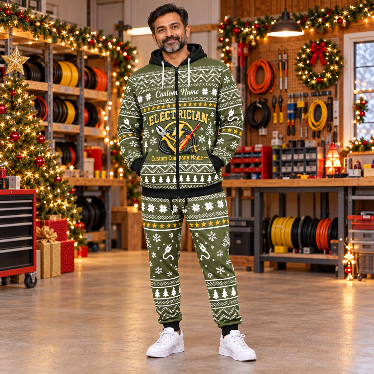 electrician hero Winter Snowflake full-zip hoodie and jogger combo with Custom Name and Custom Company Name