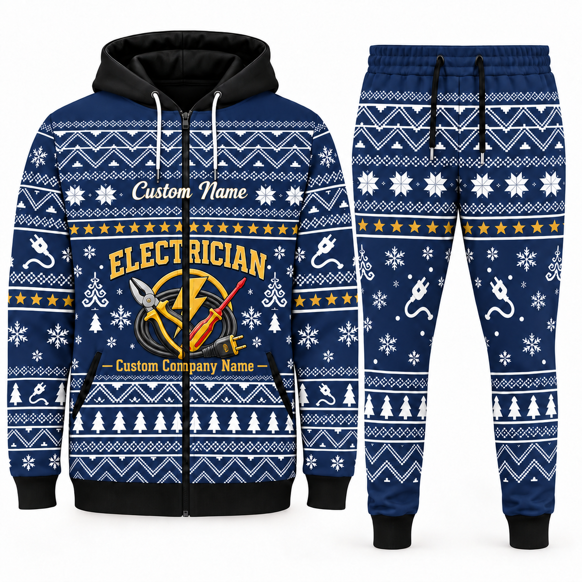 electrician navy Winter Snowflake full-zip hoodie and jogger combo with Custom Name and Custom Company Name
