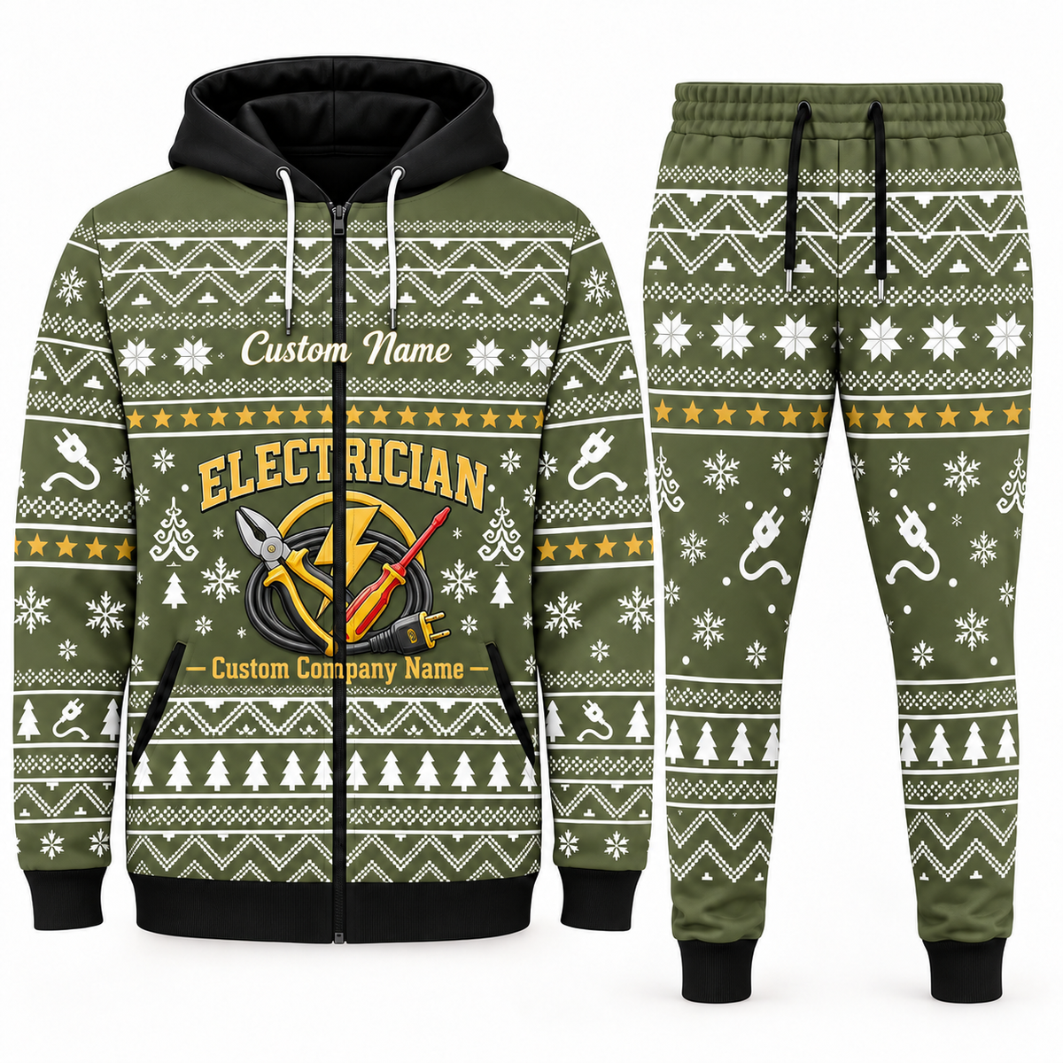 electrician olive Winter Snowflake full-zip hoodie and jogger combo with Custom Name and Custom Company Name