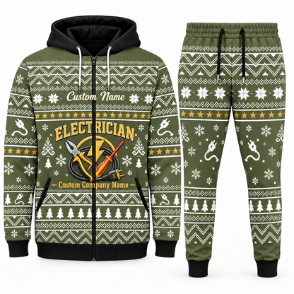 electrician olive Winter Snowflake full-zip hoodie and jogger combo with Custom Name and Custom Company Name