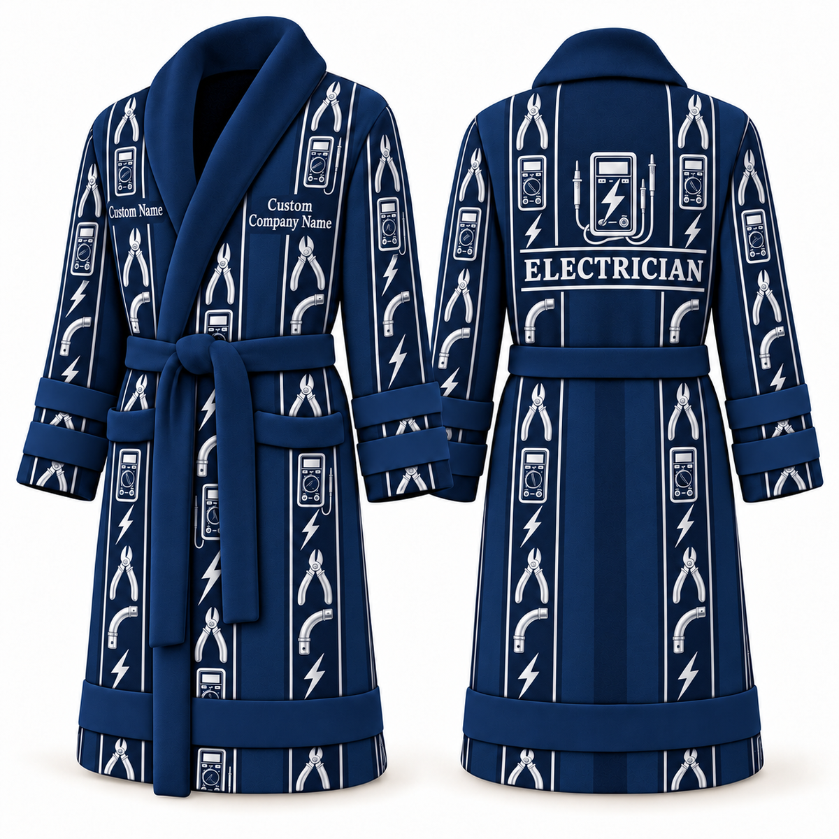 Personalized Electrician Bathrobe - Workbench Stripes blue front and back view