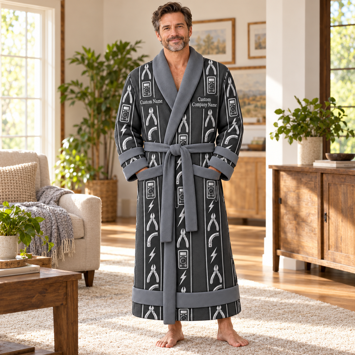 Personalized Electrician Bathrobe - Workbench Stripes lifestyle view