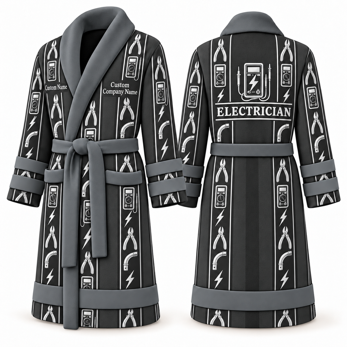 Personalized Electrician Bathrobe - Workbench Stripes slate front and back view
