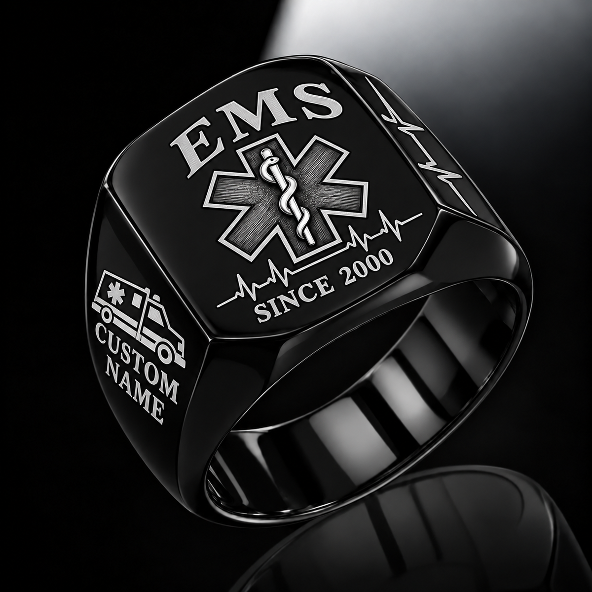 EMS Classic Emblem ring in Black, showing CUSTOM NAME and SINCE 2000