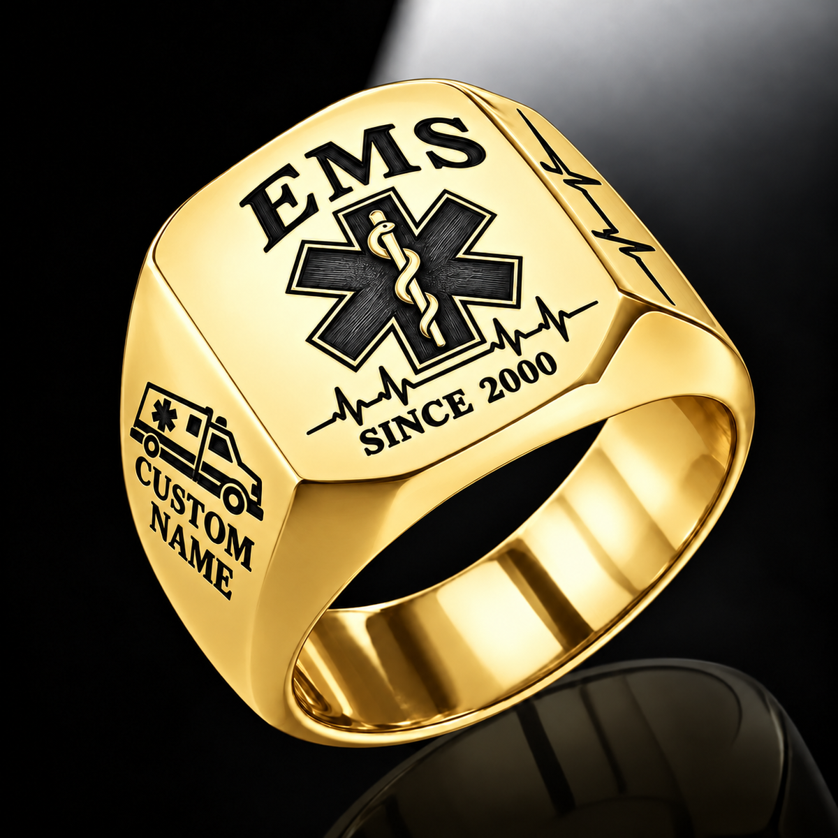 EMS Classic Emblem ring in Gold, showing CUSTOM NAME and SINCE 2000